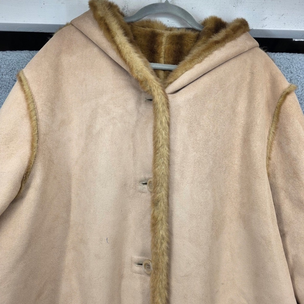 Jones New York Reversible Faux Fur‎ Suede Hooded Coat Tan Brown Plus 2X - Picture 11 of 16